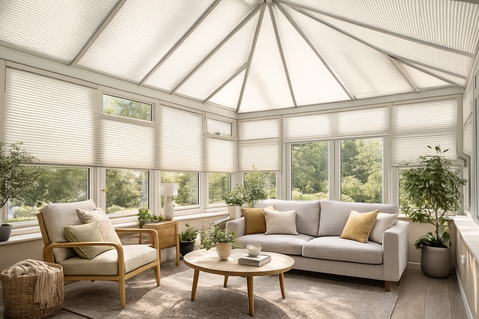 Conservatory fitted with bespoke pleated blinds