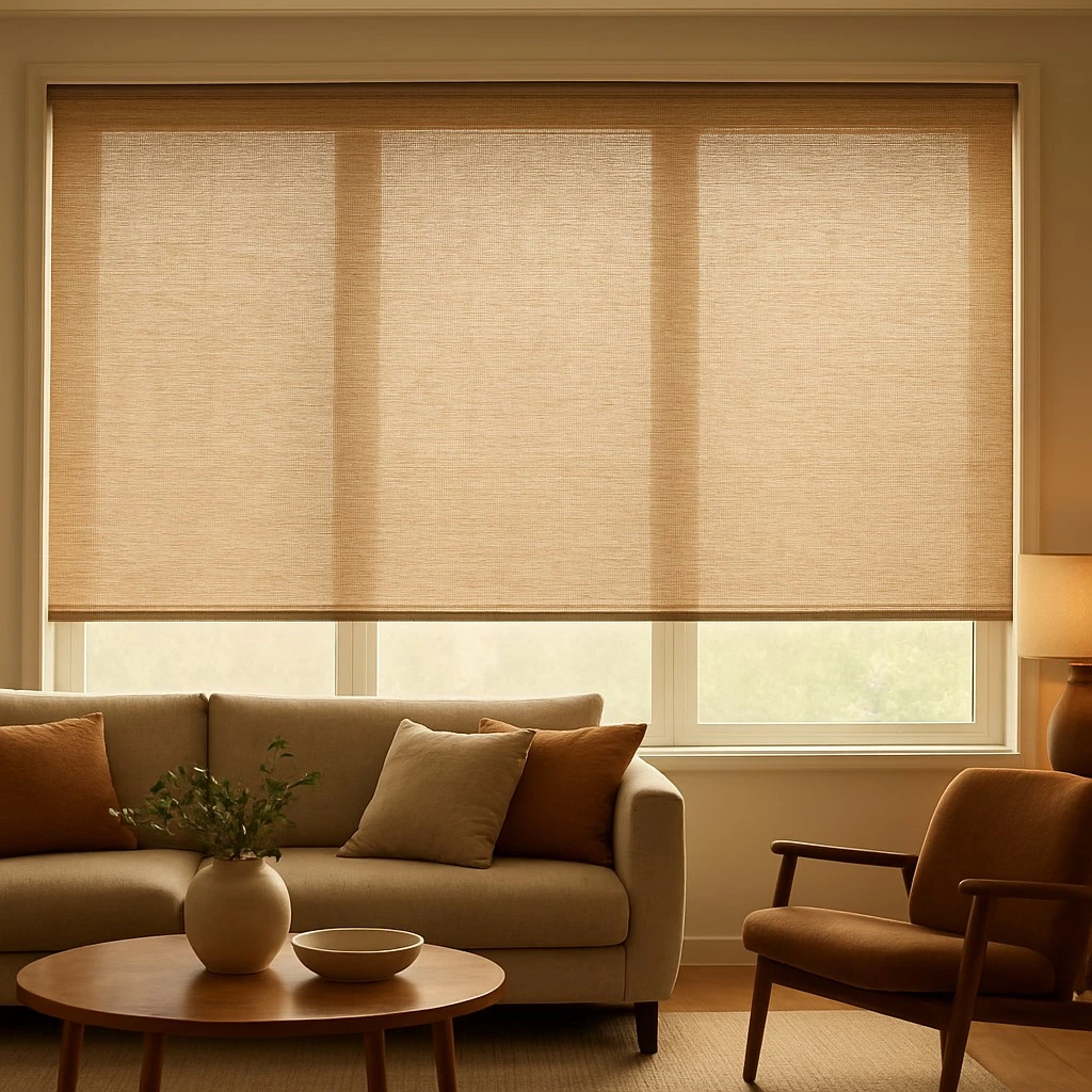 living room with bespoke interior blinds