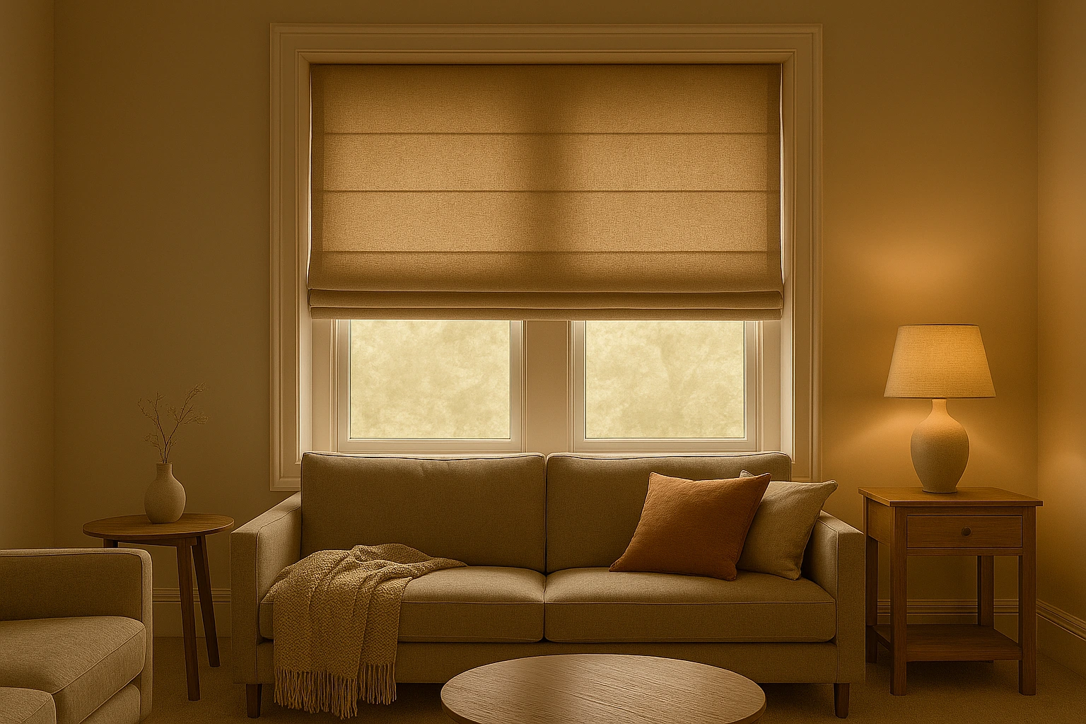 lounge area styled with Roman blinds