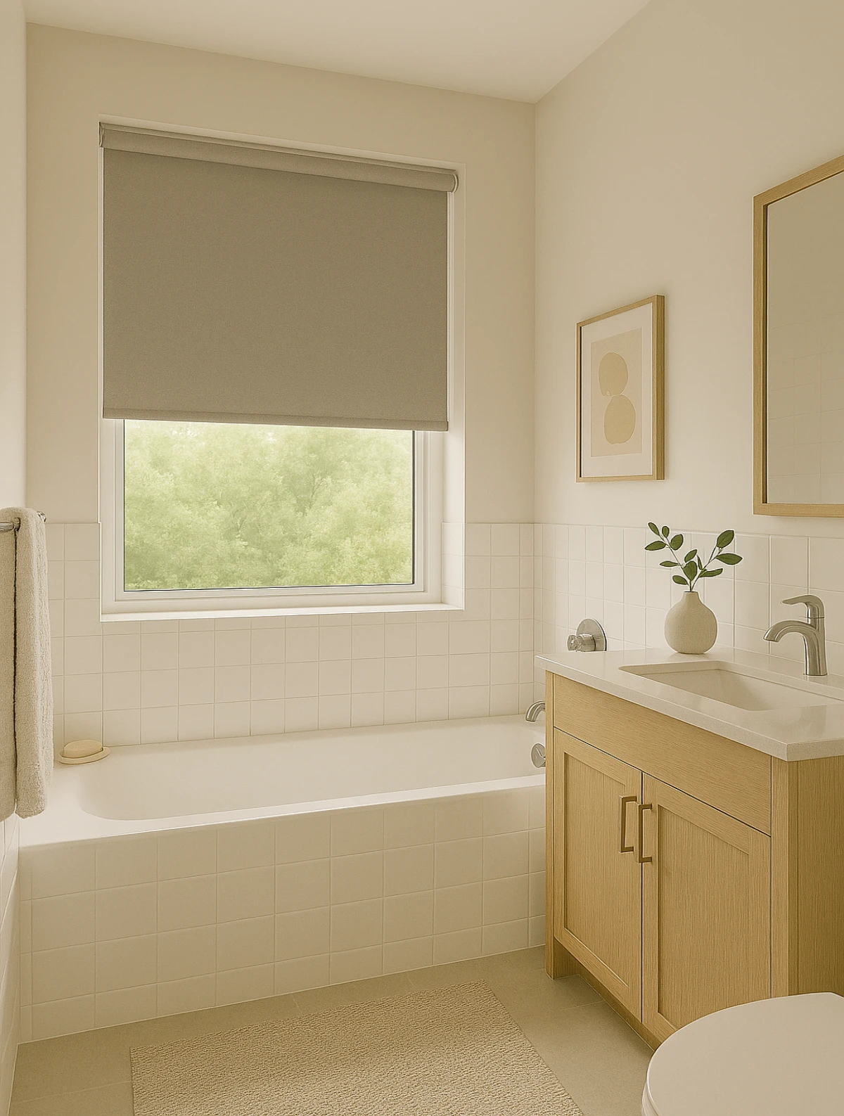 Bathroom with moisture-resistant roller blinds roller blinds Suffolk bathroom installation