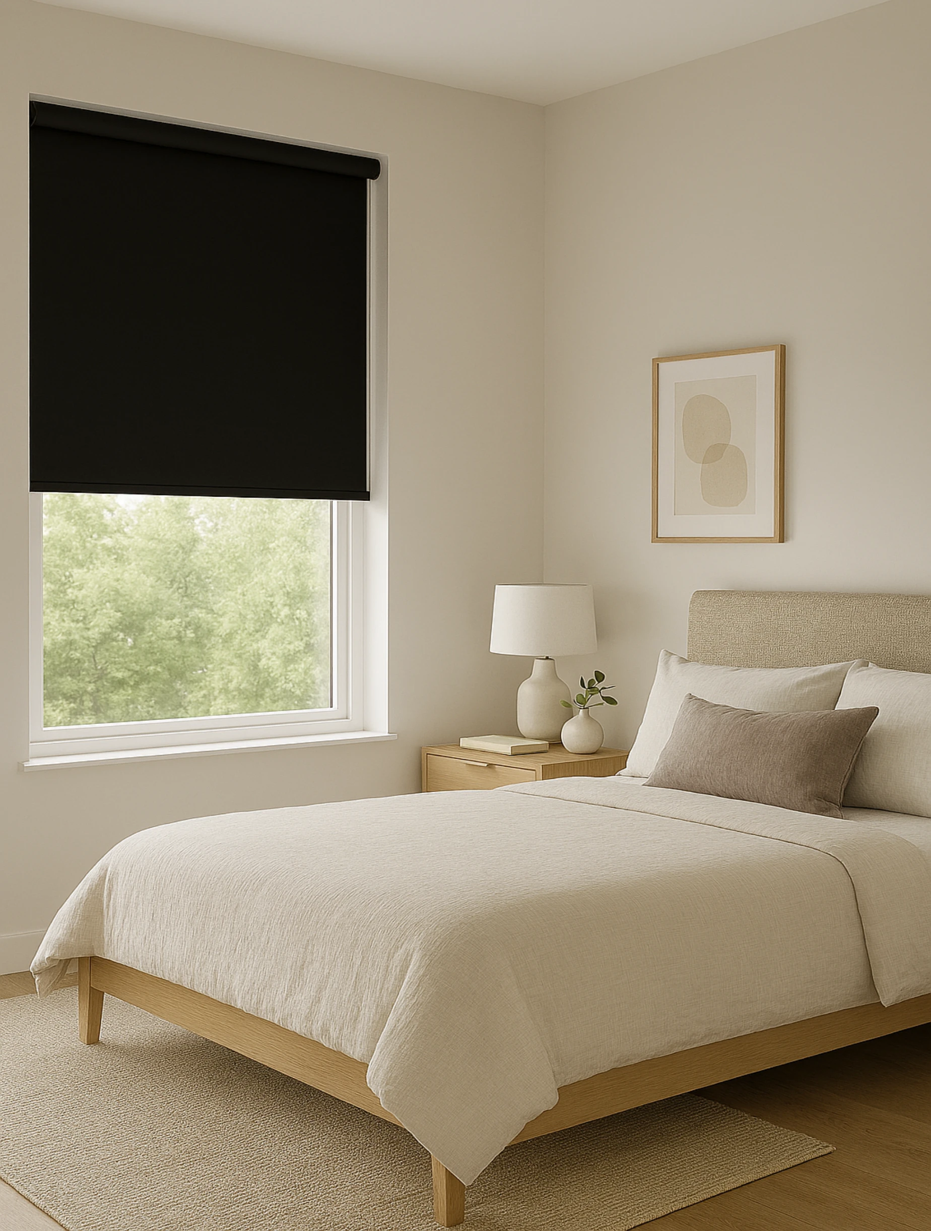 Bedroom with blackout roller blinds made to measure roller blinds in Bury St Edmunds bedroom