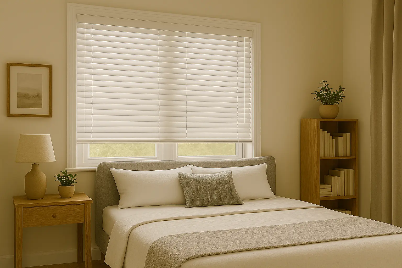 Bedroom with white faux wood Venetian blinds Bedroom with white faux wood Venetian blinds