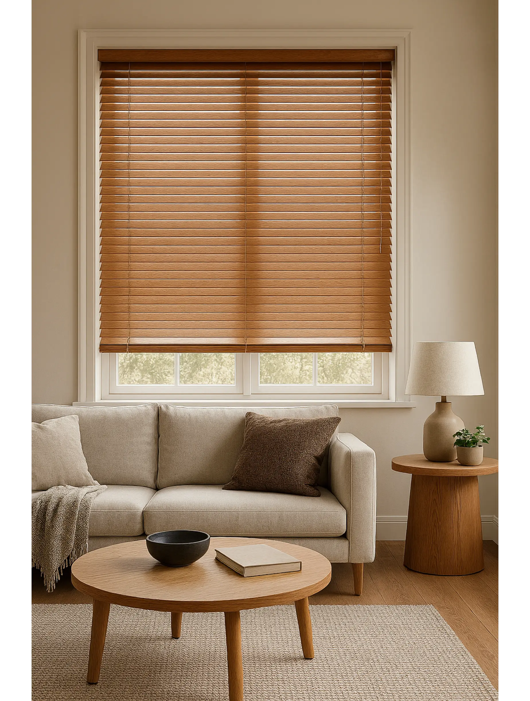 Living room with wooden Venetian blinds made to measure Venetian blinds in Bury St Edmunds living room